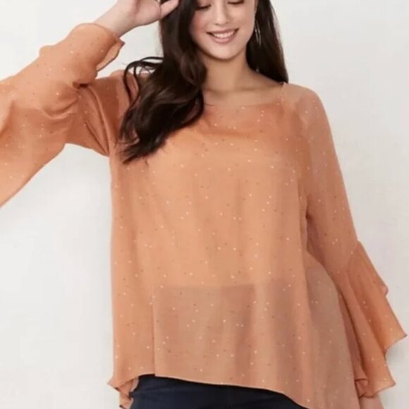 LC LAUREN CONRAD Plus Size Slit Back Mini Heart Blouse Orange Bell Sleeve Boho - Picture 1 of 13